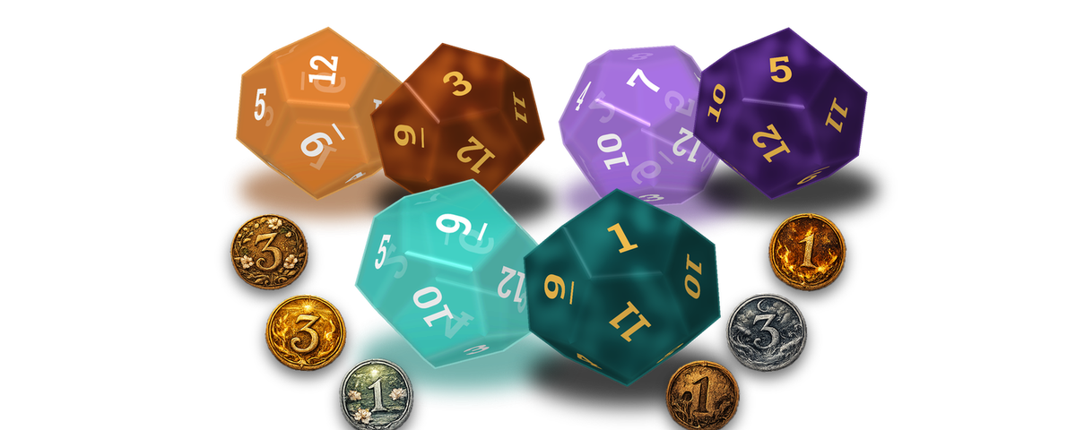 The Fortune die showing 12 and the Doom die showing 1, with the six coins round them
